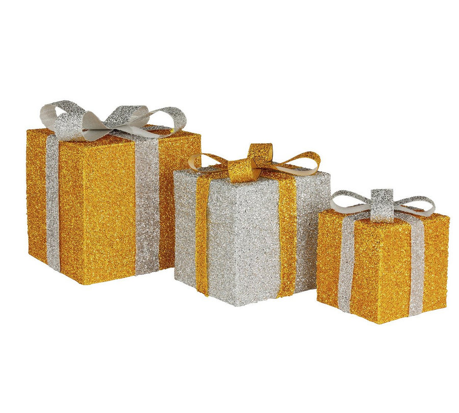 Home Set of 3 Light Up Gift Boxes Christmas Decoration - Gold