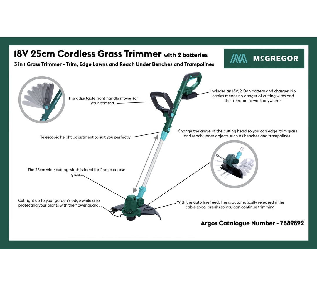 McGregor MCT2X1825 25cm Cordless Grass Trimmer with 2 Batteries - 18V