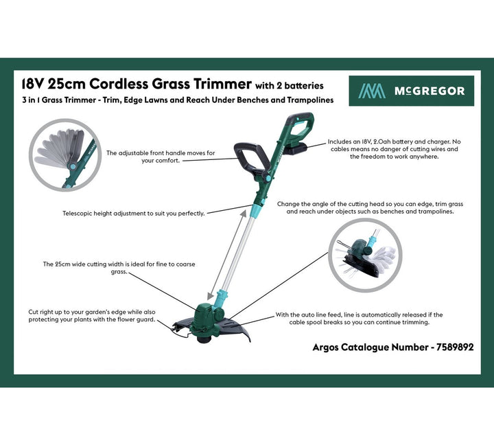 McGregor MCT2X1825 25cm Cordless Grass Trimmer with 2 Batteries - 18V