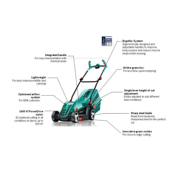 Bosch Rotak 37-14 Ergo Electric Rotary 1400w Lawnmower - 37cm