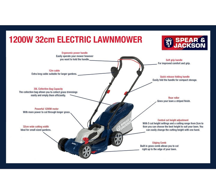 Spear & Jackson S1232ER 32cm Corded Rotary Lawnmower - 1200W