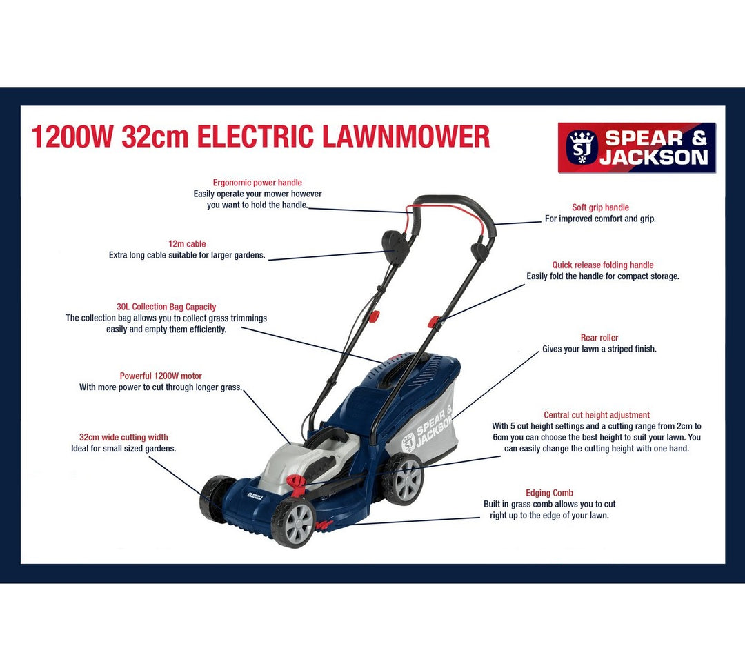 Spear & Jackson S1232ER 32cm Corded Rotary Lawnmower - 1200W