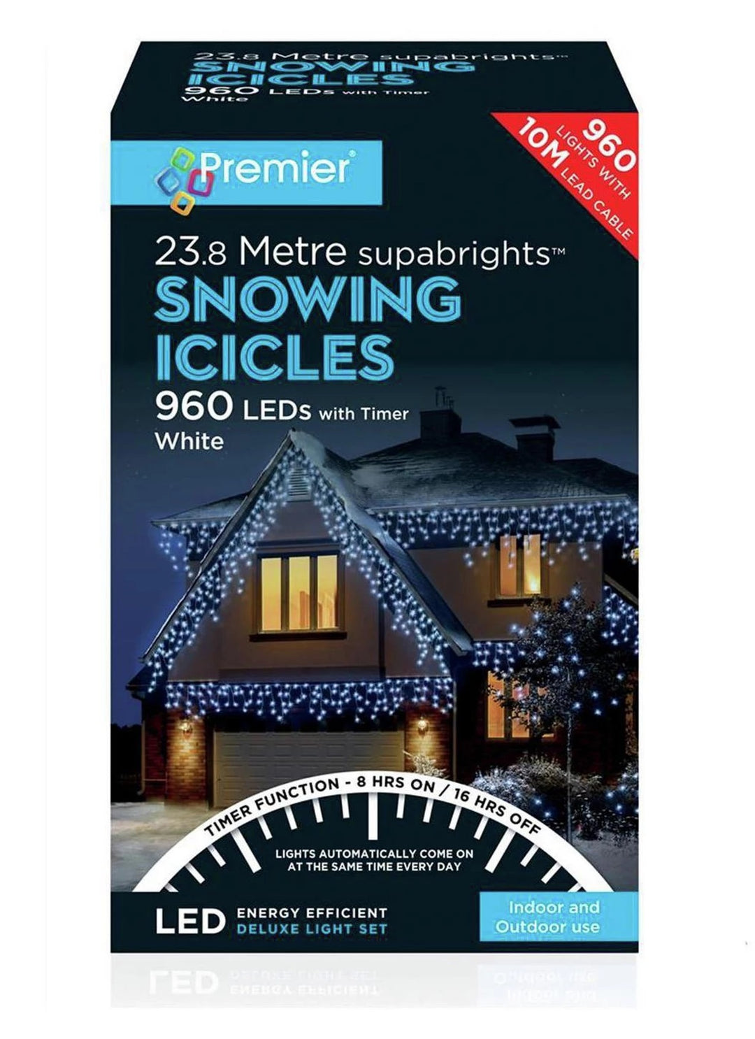 Premier Decorations 960 White Timerbright Snowing Icicle LED Lights - 33m