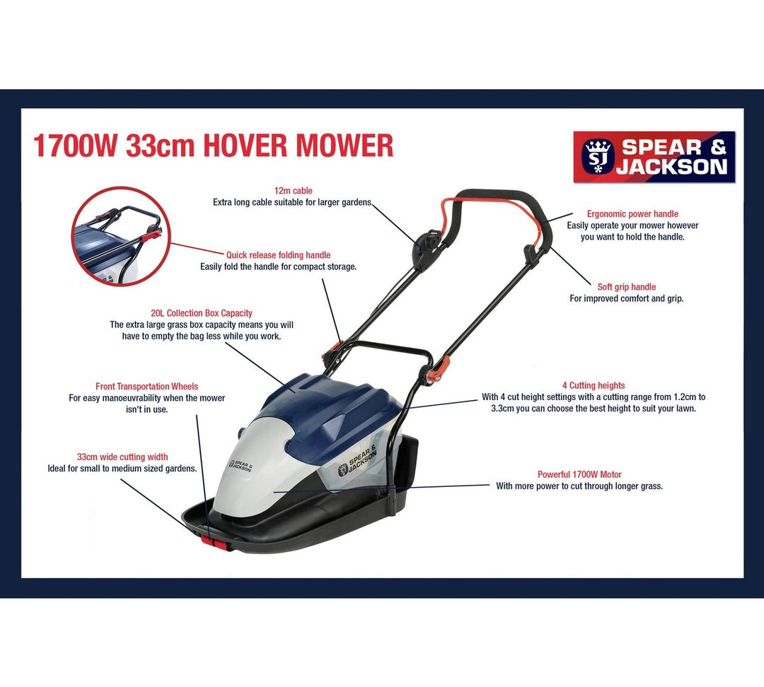 Spear & Jackson 33cm Hover Lawnmower - 1700W