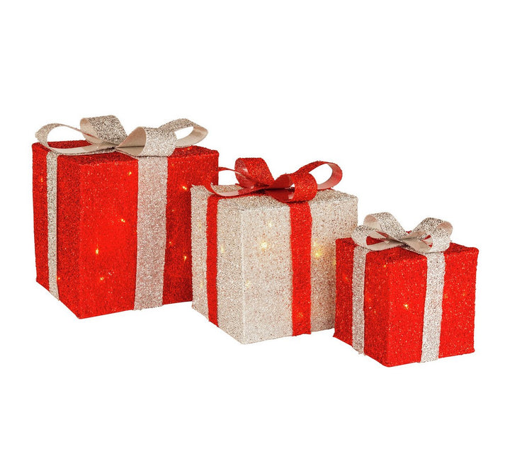 Home Set of 3 Light Up Gift Boxes - Red & Silver