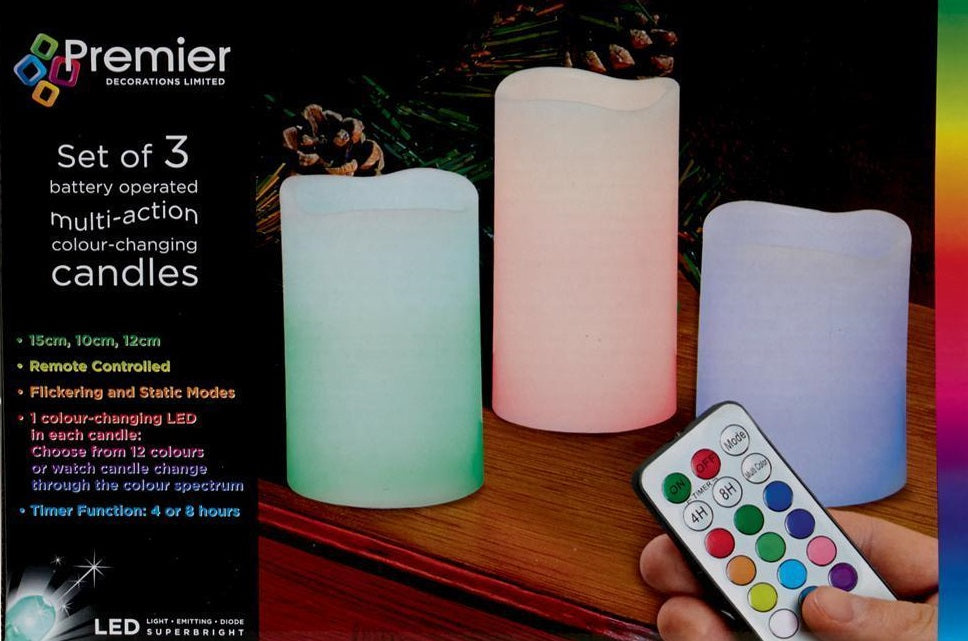 Premier Decorations Battery Operated Colour Changing LED Candles - Set of 3