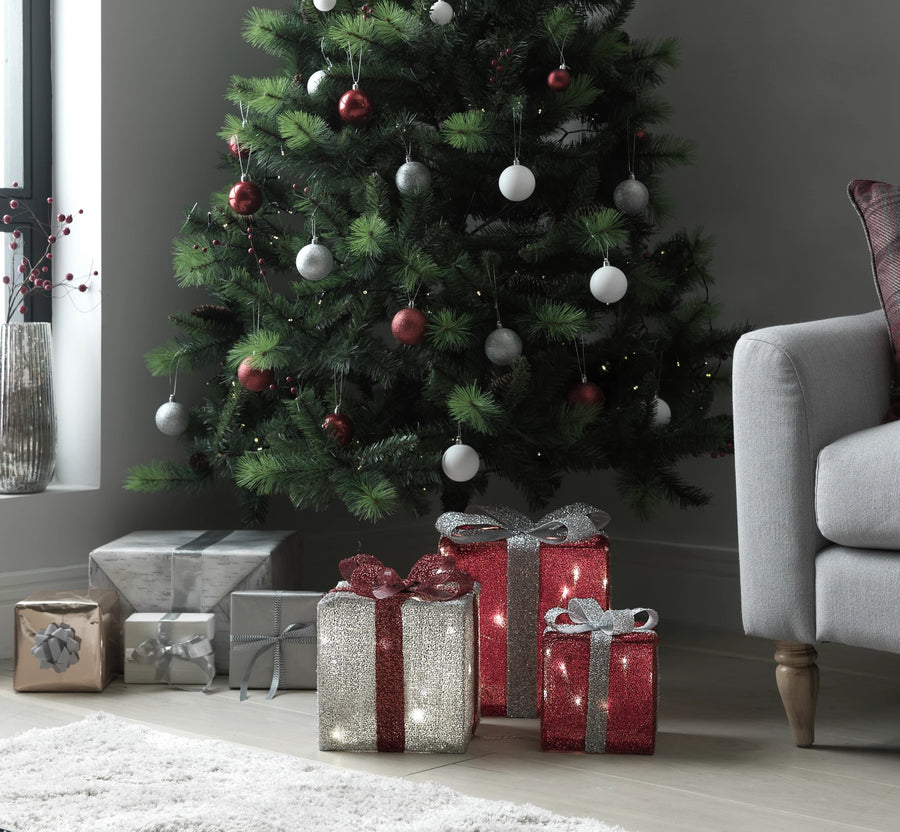 Home Set of 3 Light Up Gift Boxes - Red & Silver
