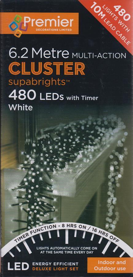 Premier Decorations 480 Cluster SupaBrights Christmas Lights With Timer - White