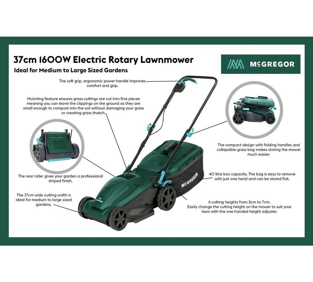 McGregor MER1637 37cm Corded Rotary Lawnmower - 1600W