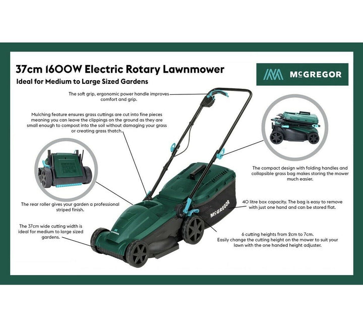 McGregor MER1637 37cm Corded Rotary Lawnmower - 1600W