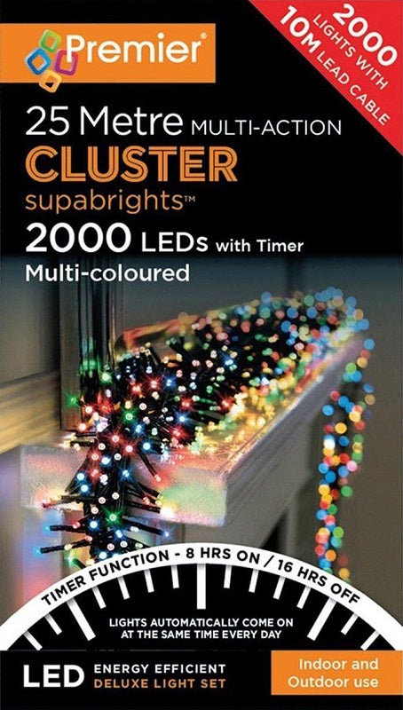 Premier Decorations 2000 LED Cluster Christmas Lights With Timer - Multicoloured