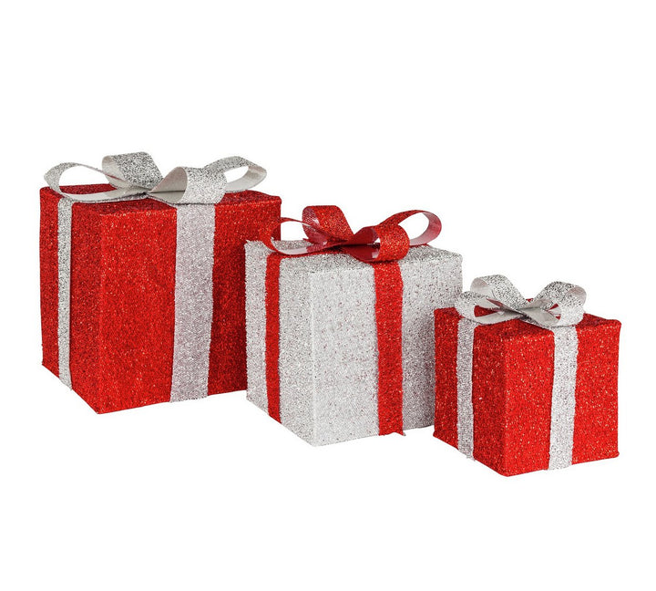 Home Set of 3 Light Up Gift Boxes - Red & Silver