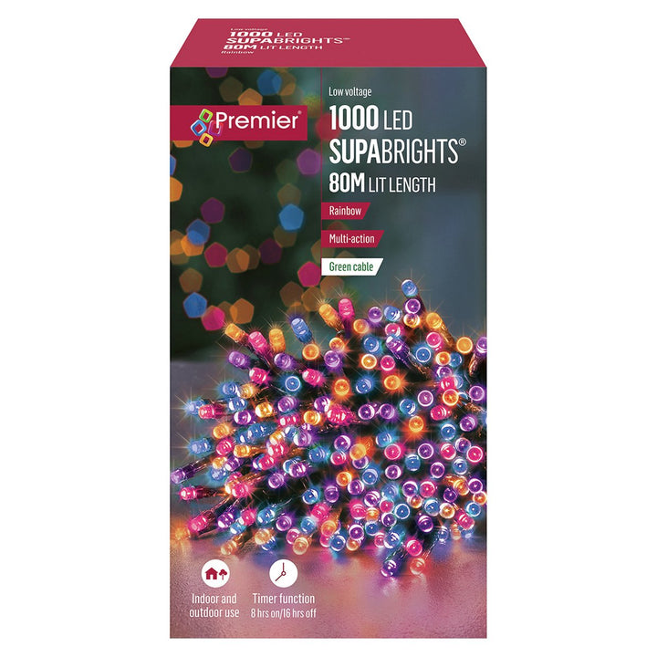 Premier 1000 Multi-Action LED 80m Christmas Lights With Timer - Rainbow