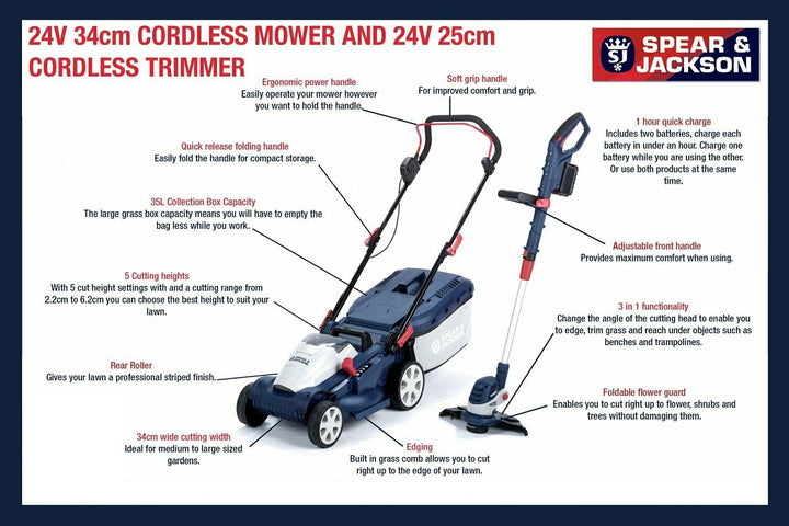 Spear & Jackson 34cm Cordless Rotary Lawnmower & Grass Trimmer - 24V