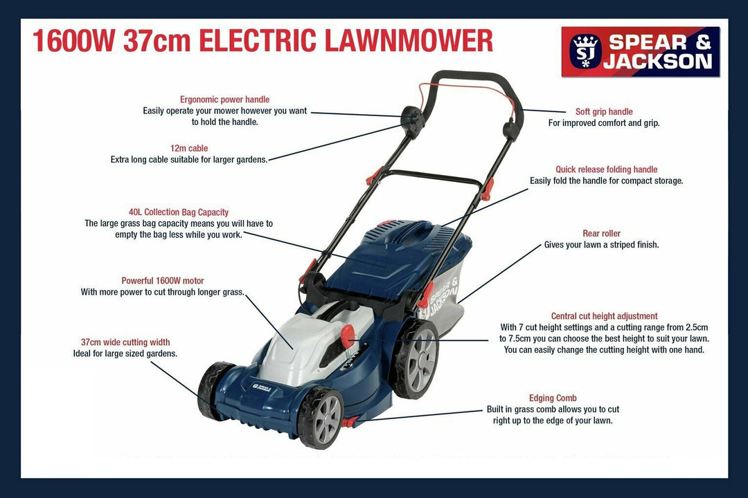 Spear & Jackson S1637ER2 37cm Corded Rotary Lawnmower - 1600W