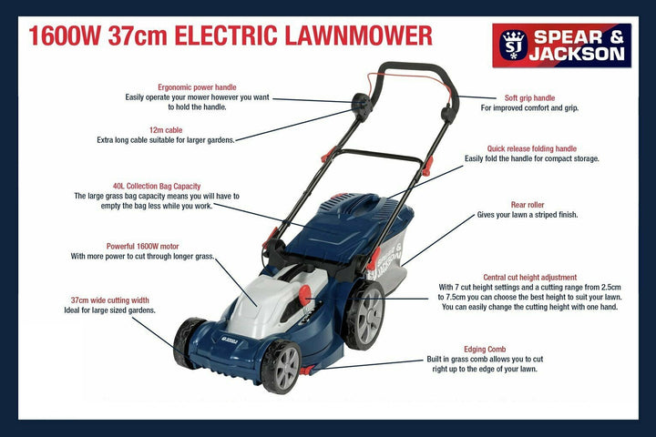 Spear & Jackson S1637ER2 37cm Corded Rotary Lawnmower - 1600W