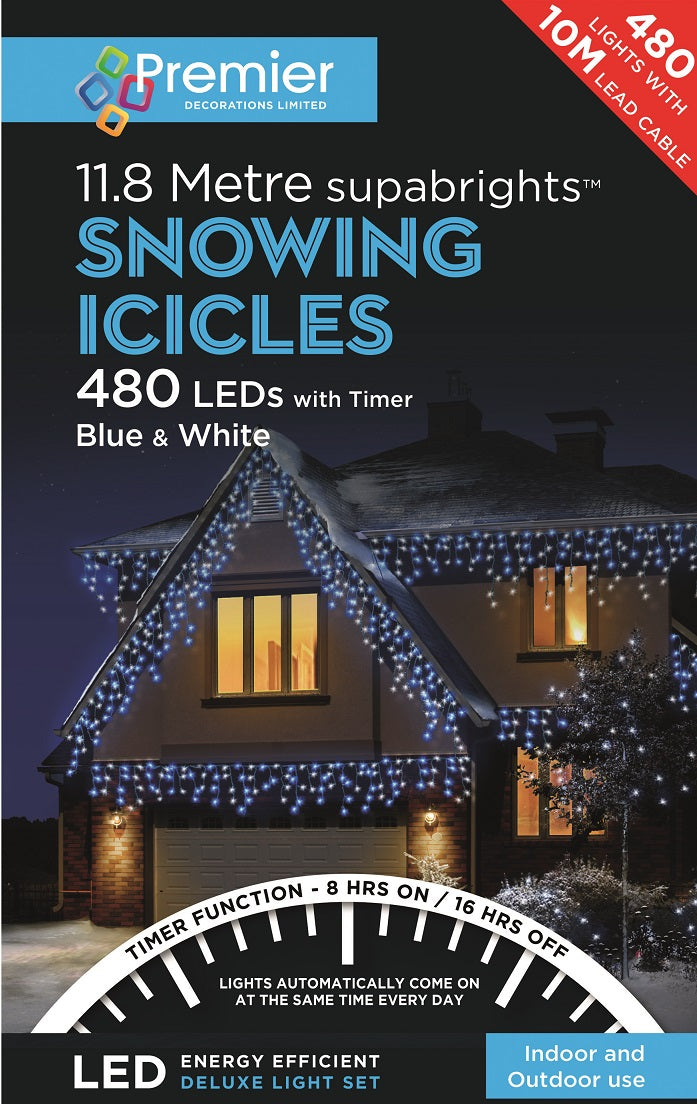 480 LED Snowing Icicle Christmas Lights With Timer - Blue & White