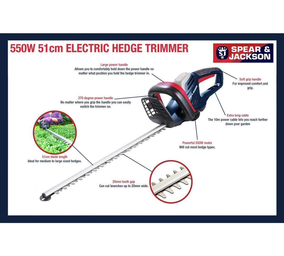 Spear & Jackson S5551EH 51cm Corded Hedge Trimmer - 550W