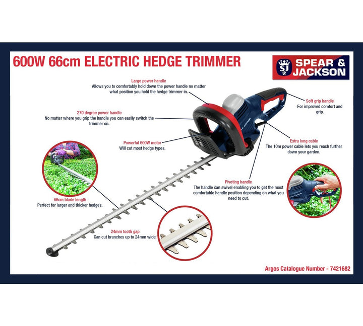Spear & Jackson S6066EH 66cm Corded Hedge Trimmer - 600W