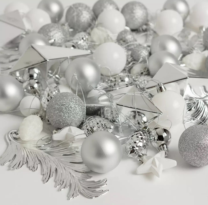 Habitat 75 Pack Of Mixed Christmas Baubles - Silver