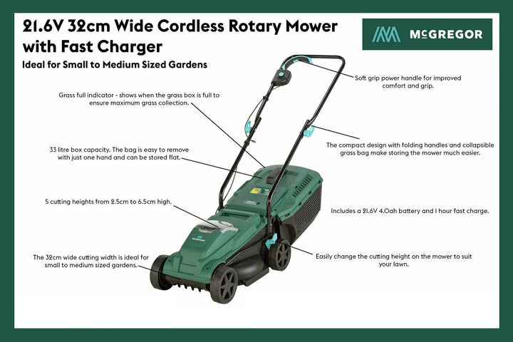 McGregor MCR2132 32cm Cordless Rotary Lawnmower - 21.6V