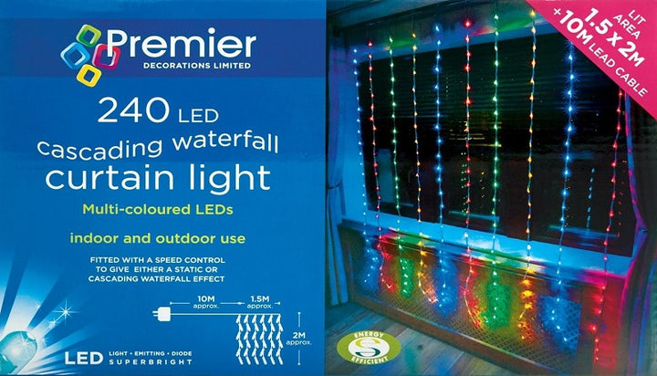 Premier Decorations 240 LED Waterfall Curtain Christmas Lights -  Multi Coloured