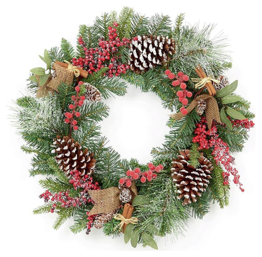 Premier Decorations 50cm Natural Berry Cones Frosted Christmas Wreath - Green