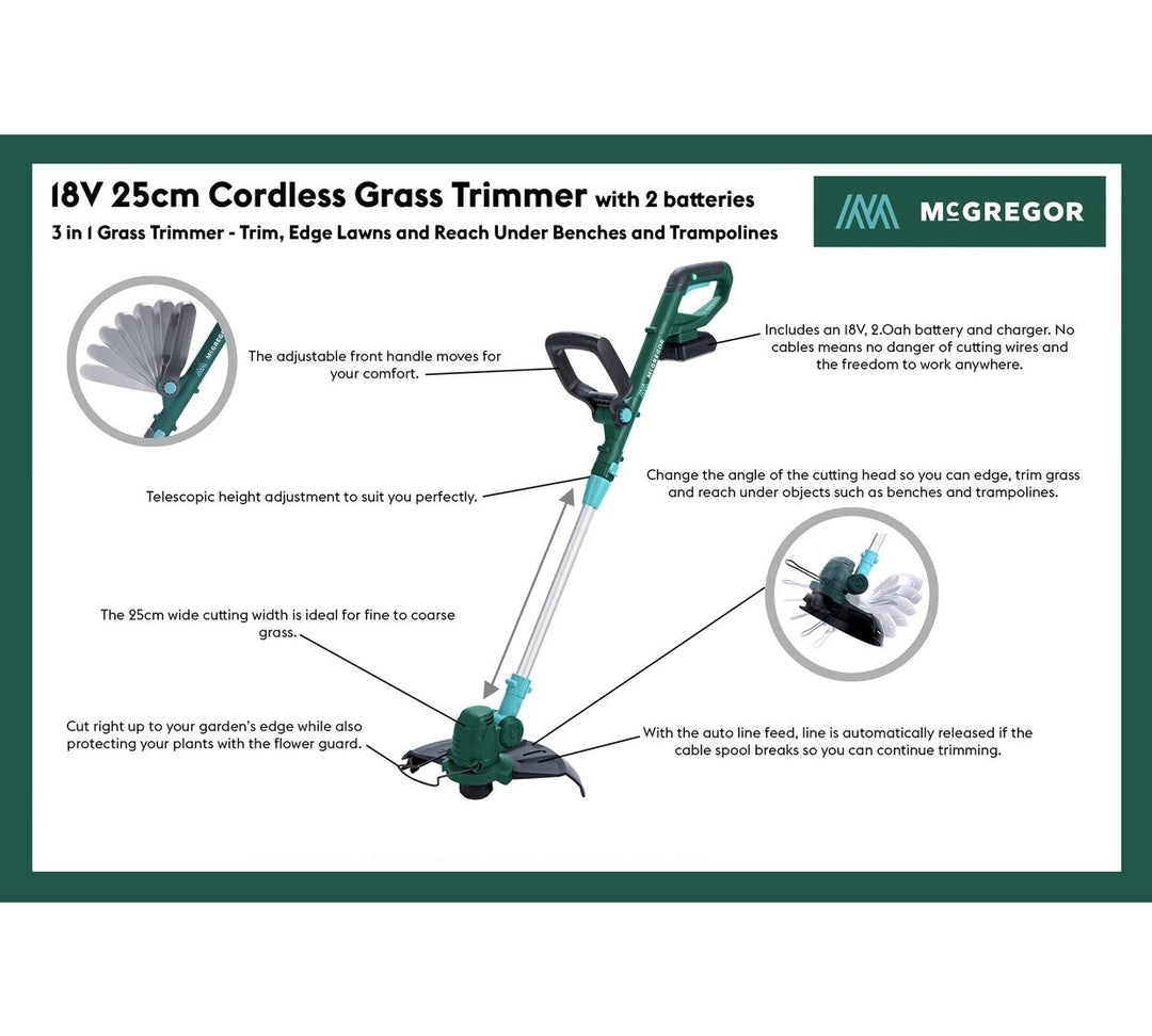 McGregor MCT2X1825 25cm Cordless Grass Trimmer with 2 Batteries - 18V