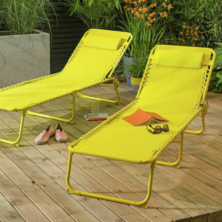 Home Set of 2 Folding Metal Sun Loungers - Yellow