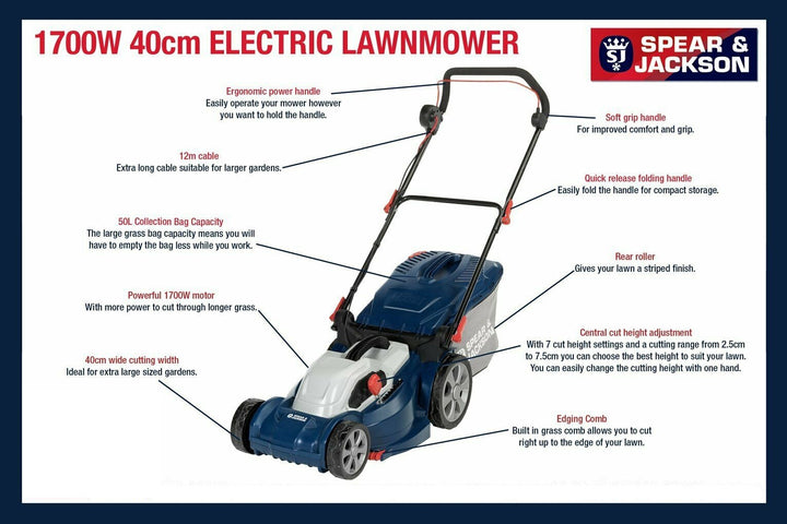 Spear & Jackson 40cm Corded Rotary Lawnmower - 1700W